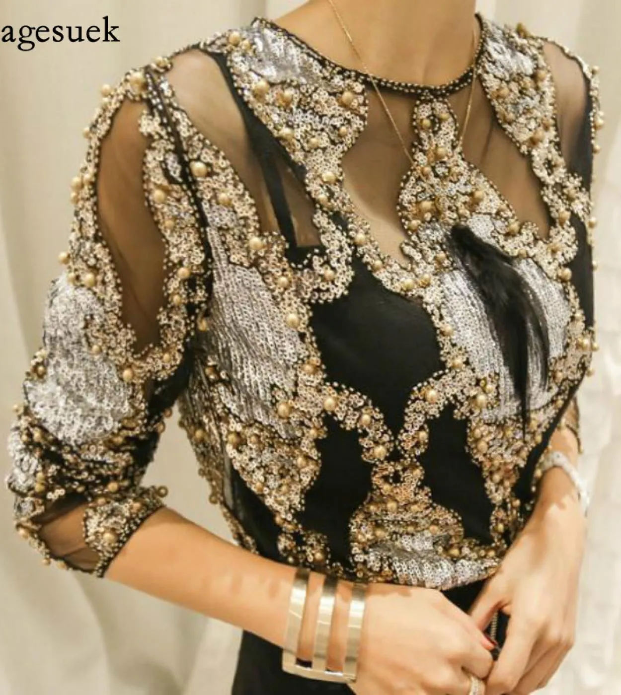2022 donne di lusso camicetta di cristallo paillettes ricamo pizzo geometrico perline pesanti camicette club topsblusas Camisa 1