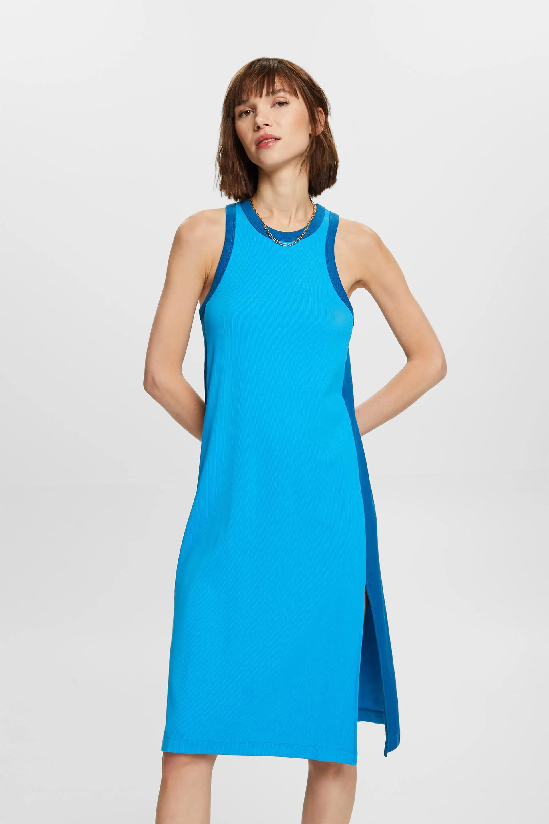 Abito midi in jersey a coste in cotone elasticizzato