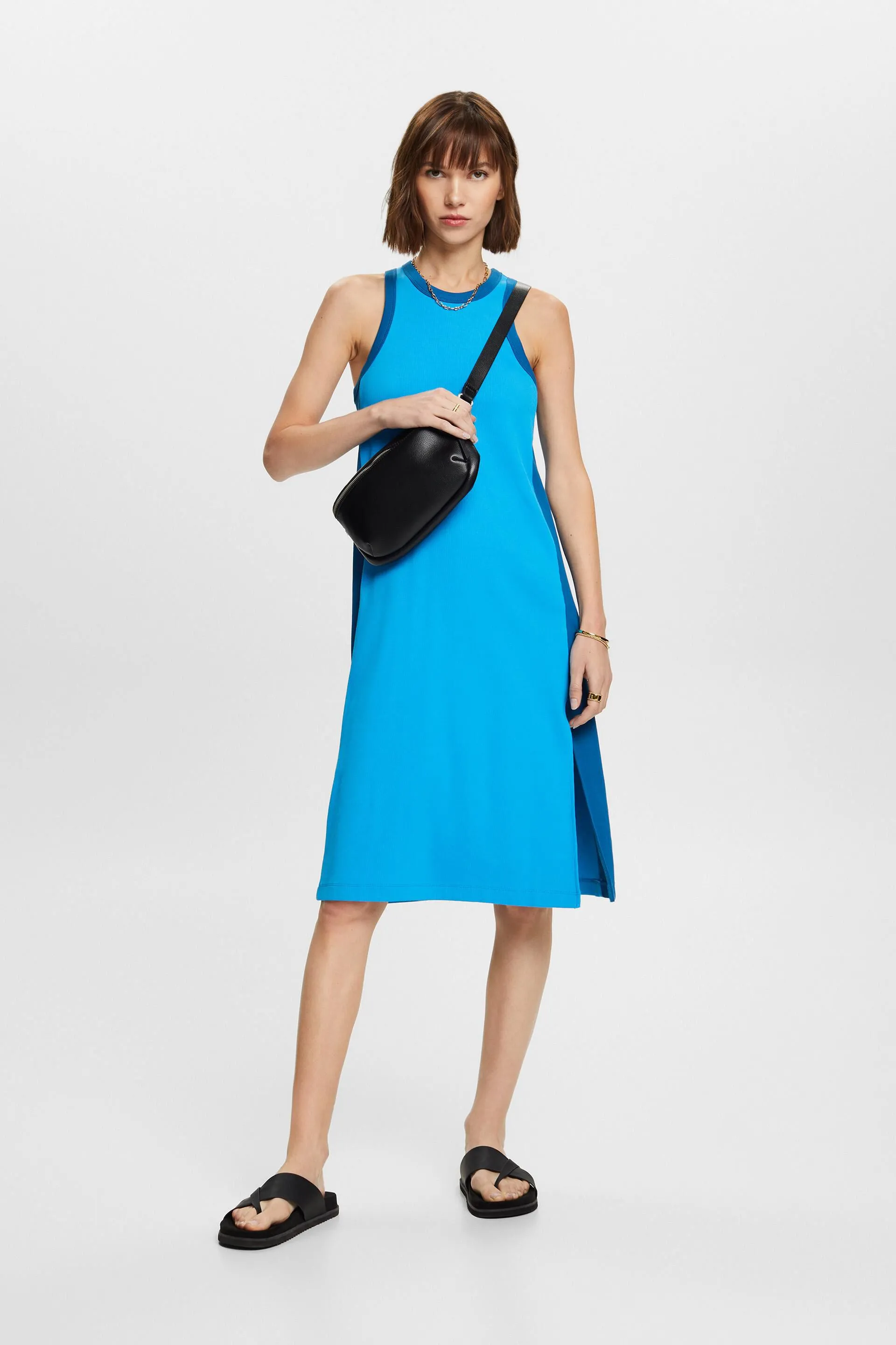 Abito midi in jersey a coste in cotone elasticizzato