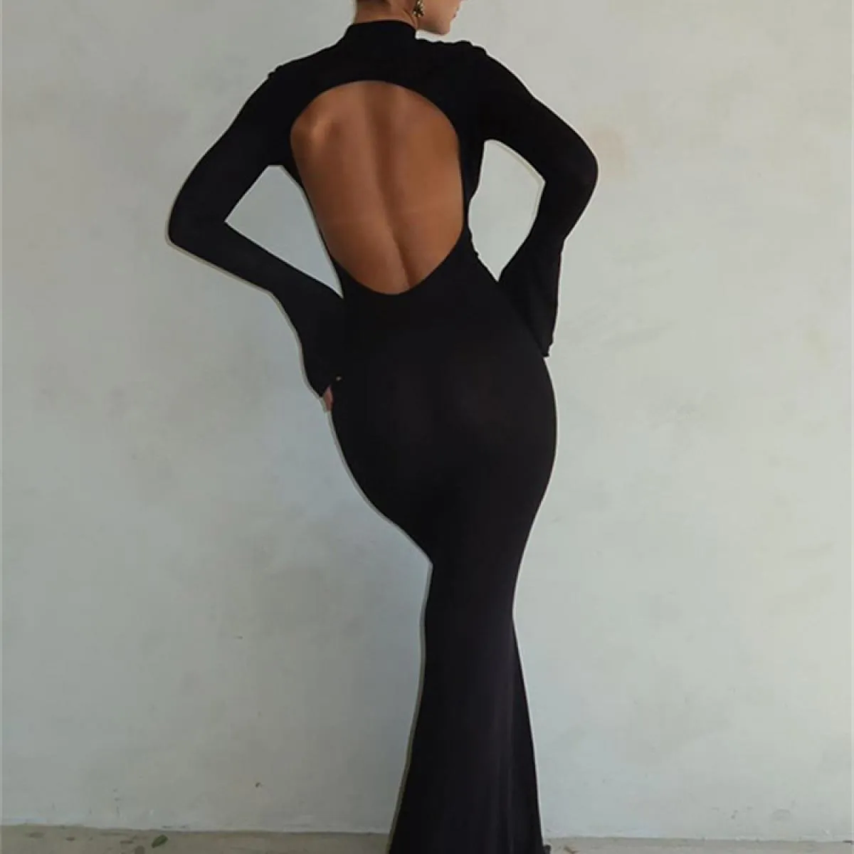 Abito nero senza schienale Maglieria Patchwork Slim Club Outfit Abito da festa Moda Maglia autunno aderente Maxi abito da