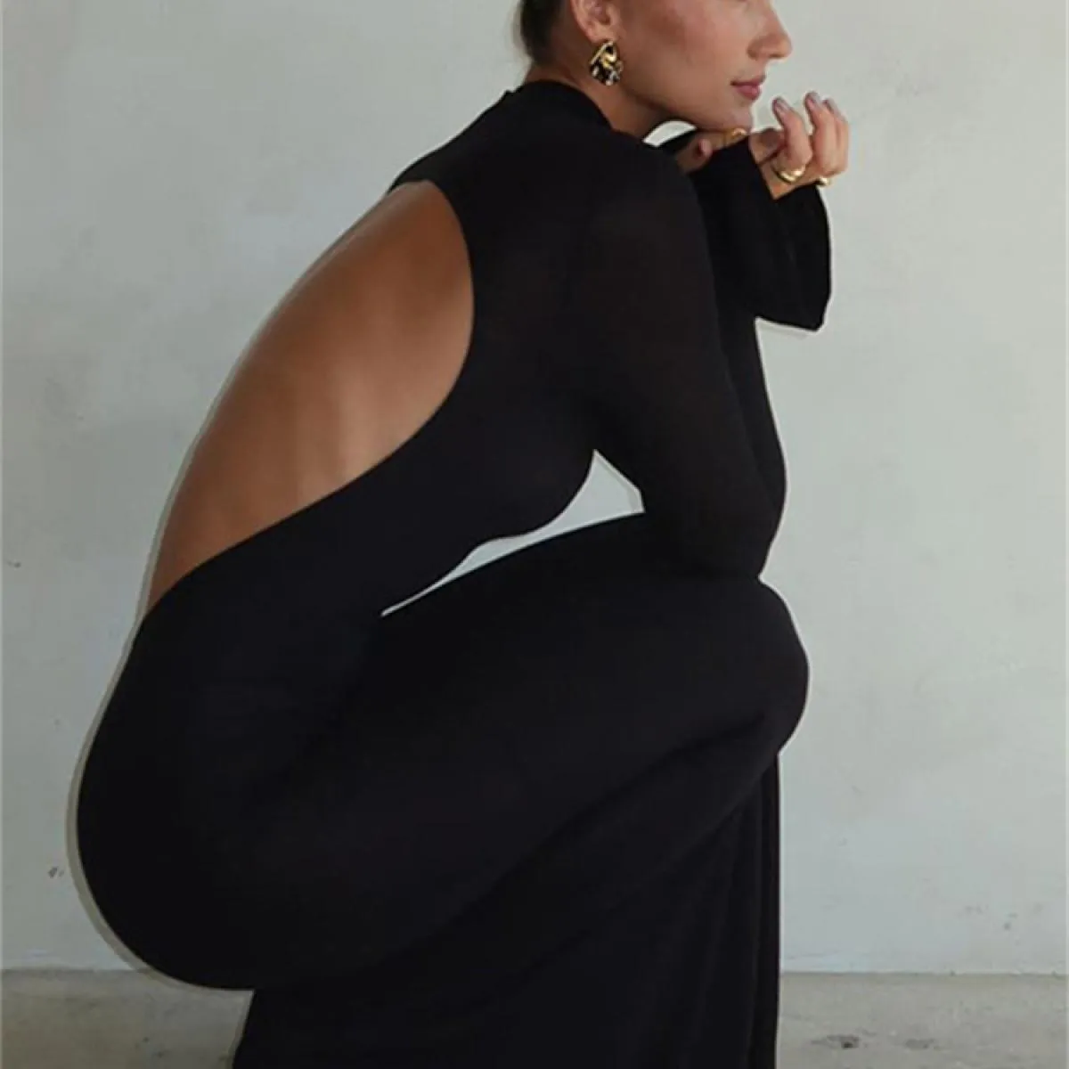 Abito nero senza schienale Maglieria Patchwork Slim Club Outfit Abito da festa Moda Maglia autunno aderente Maxi abito da