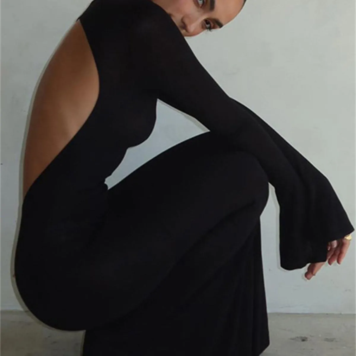 Abito nero senza schienale Maglieria Patchwork Slim Club Outfit Abito da festa Moda Maglia autunno aderente Maxi abito da