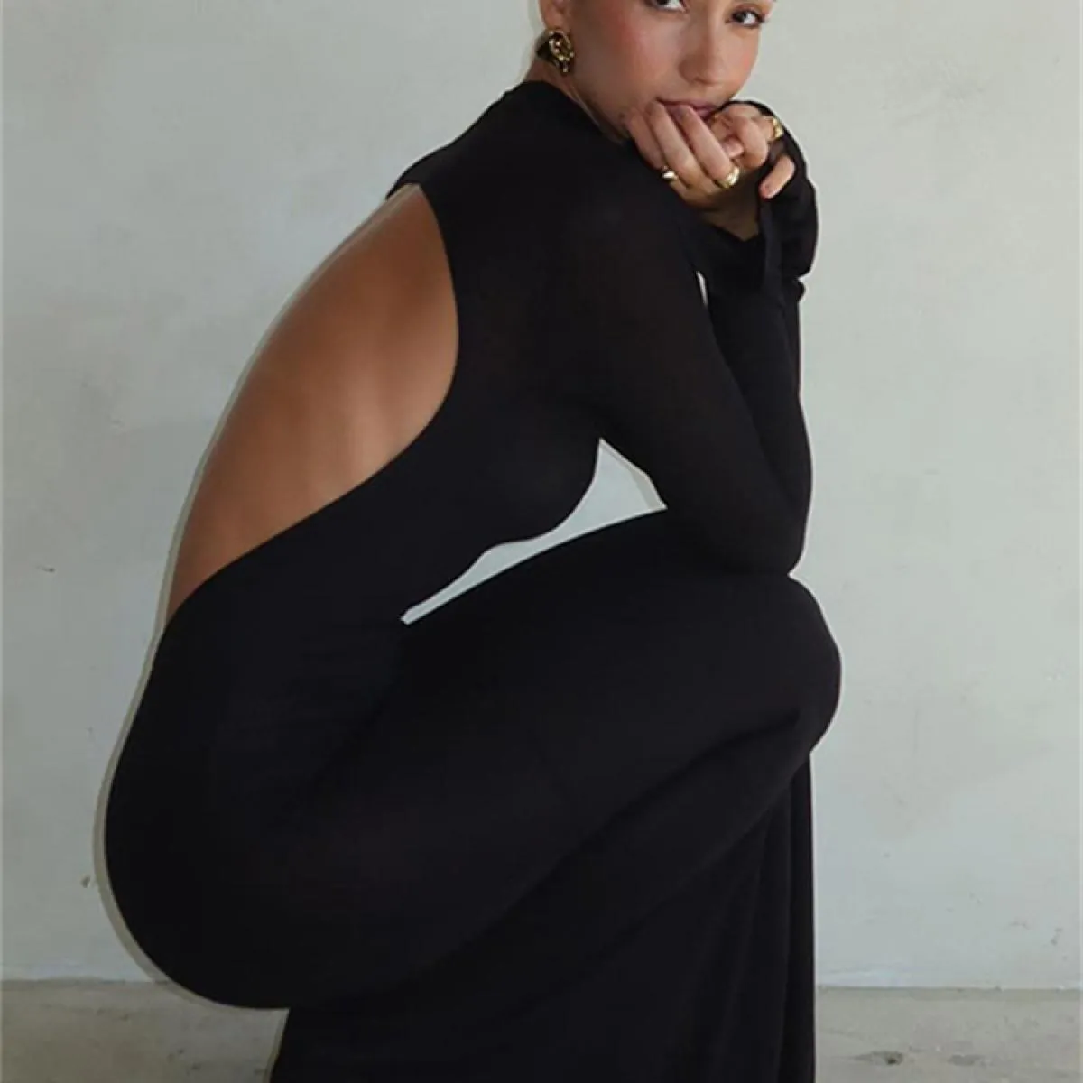 Abito nero senza schienale Maglieria Patchwork Slim Club Outfit Abito da festa Moda Maglia autunno aderente Maxi abito da