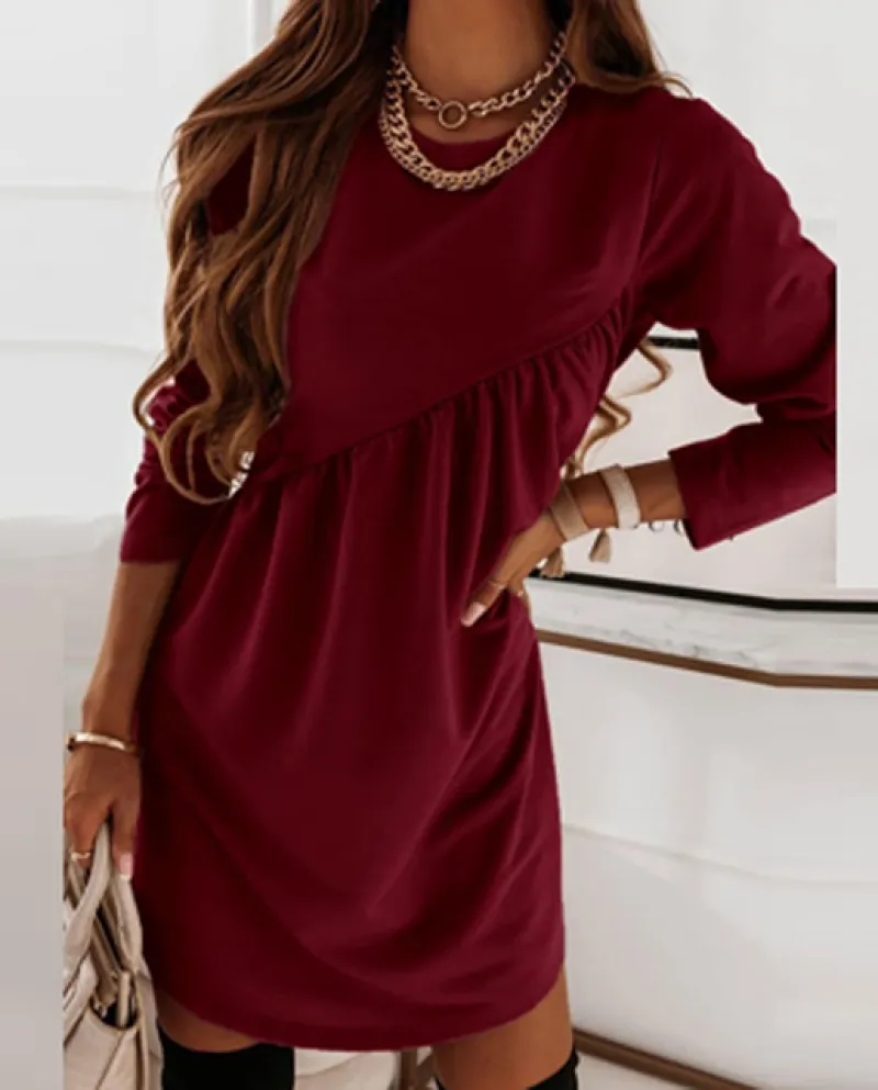 Autunno Casual O Collo A Line Drappeggiato Abiti Primavera Donna Solid Manica Lunga Mini Abito Moda Ufficio Dritto Abito Allenta