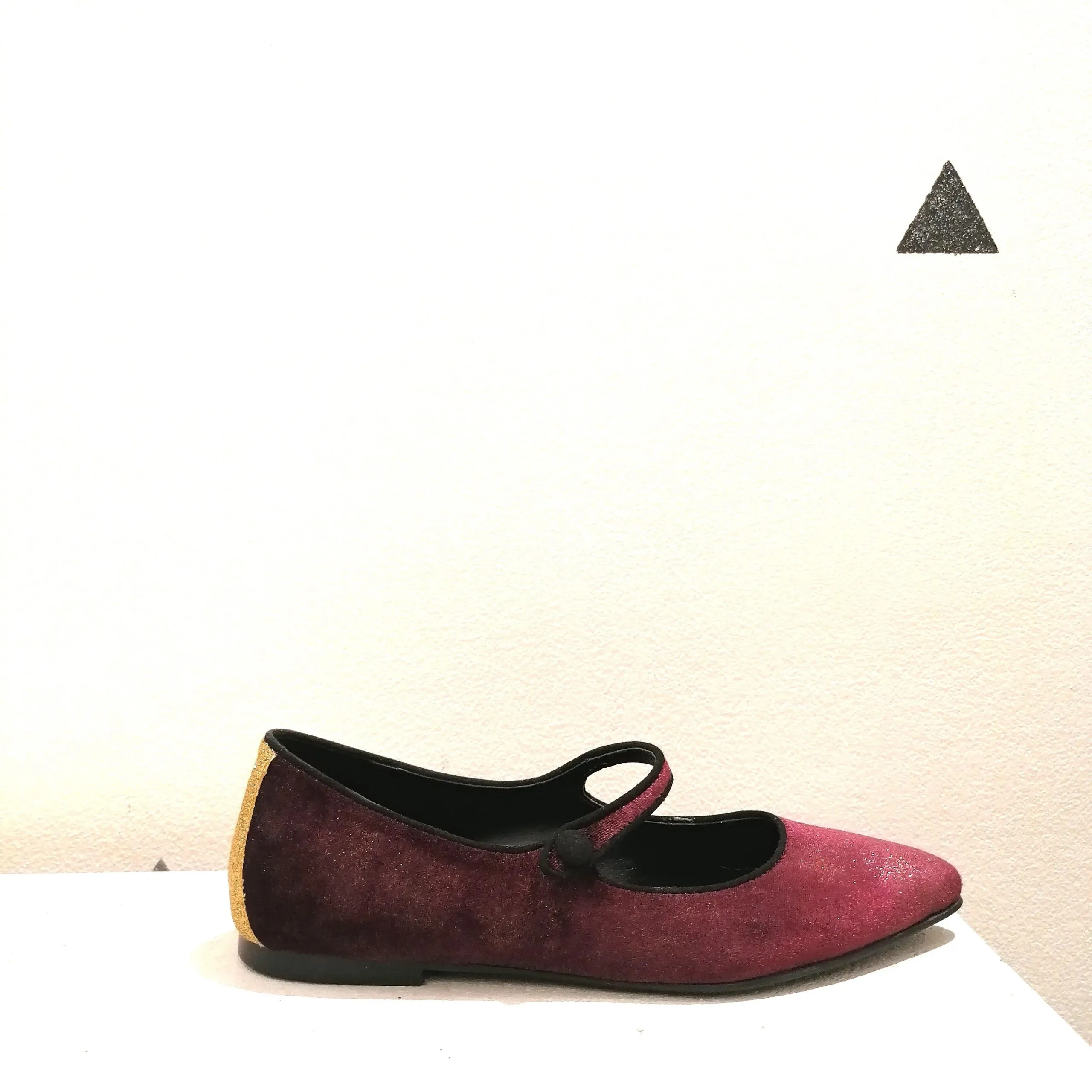 Ballerine Bordeaux in Velluto con Bottoncino e Tallone Glitter