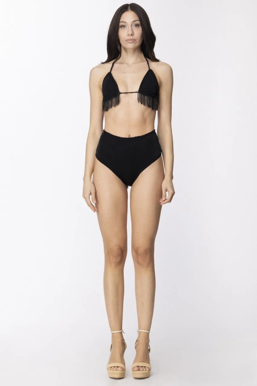 Bikini top tricot con frange e slip retrò Nero