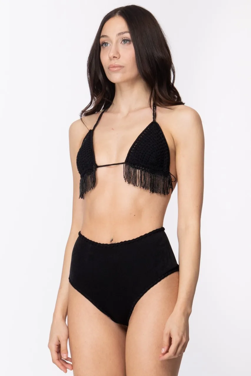 Bikini top tricot con frange e slip retrò Nero