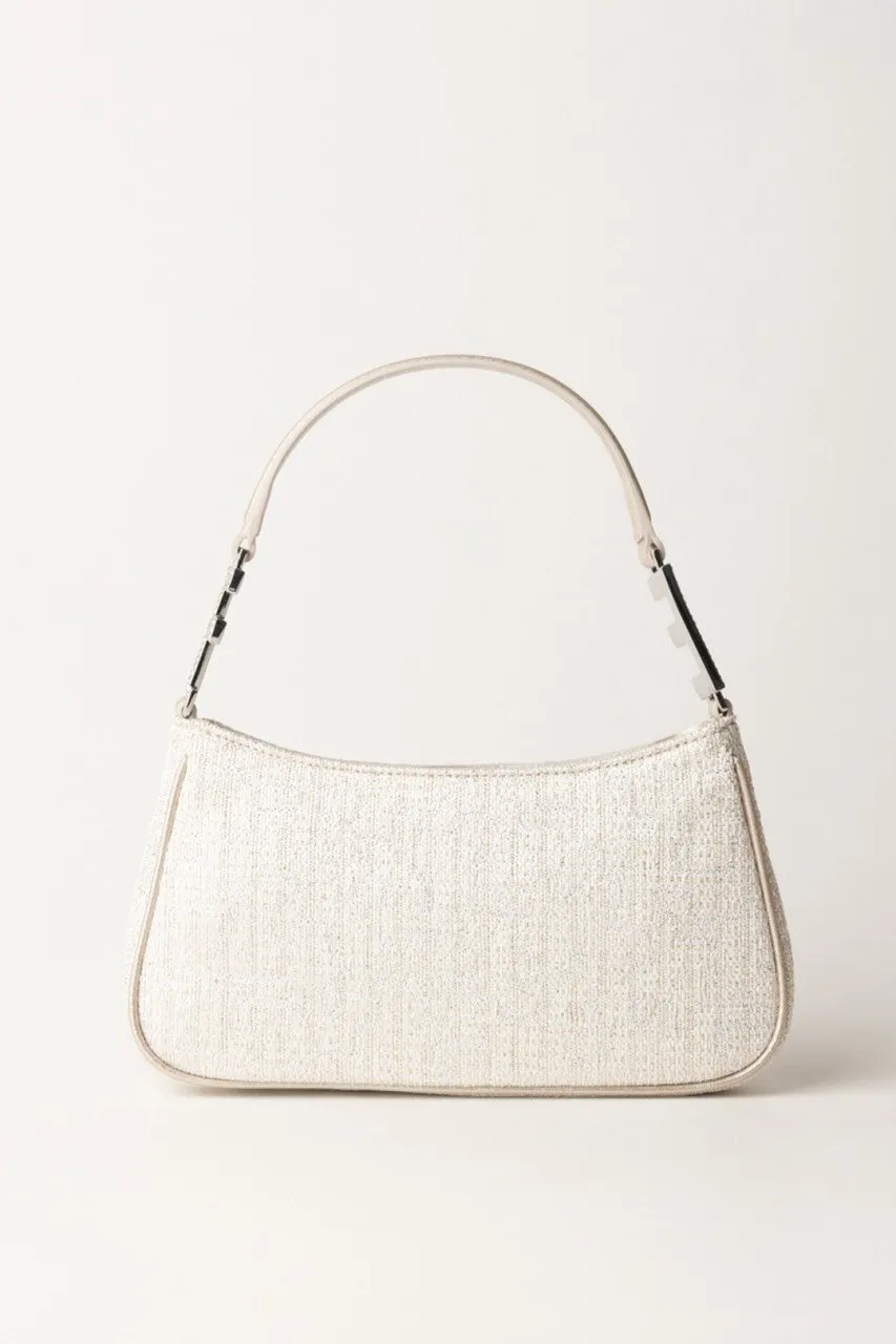 Borsa a spalla in tweed lurex con lettering di strass Argento