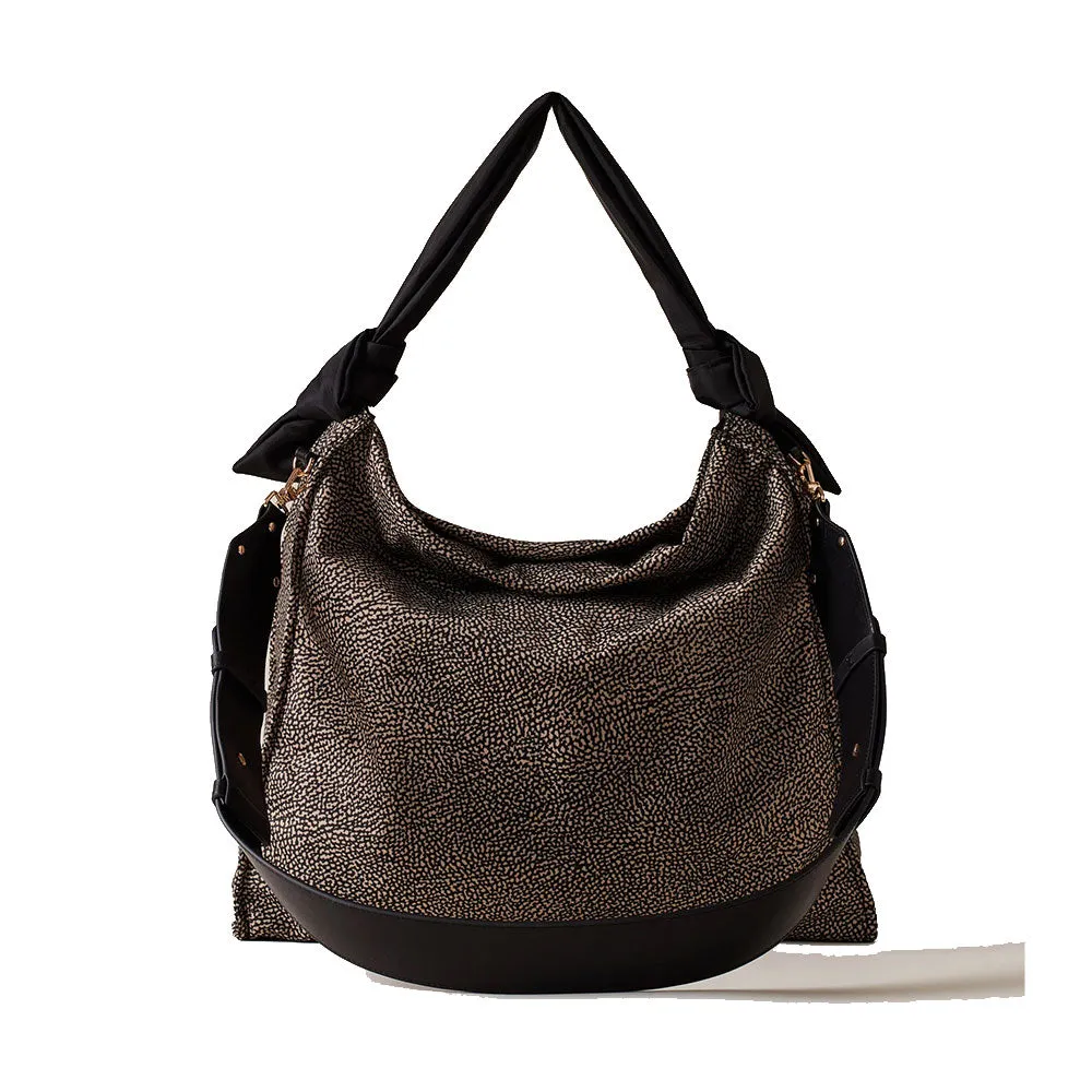 Borsa Donna Hobo Large BORBONESE linea Lover in Tessuto stampa Op Naturale e Nero