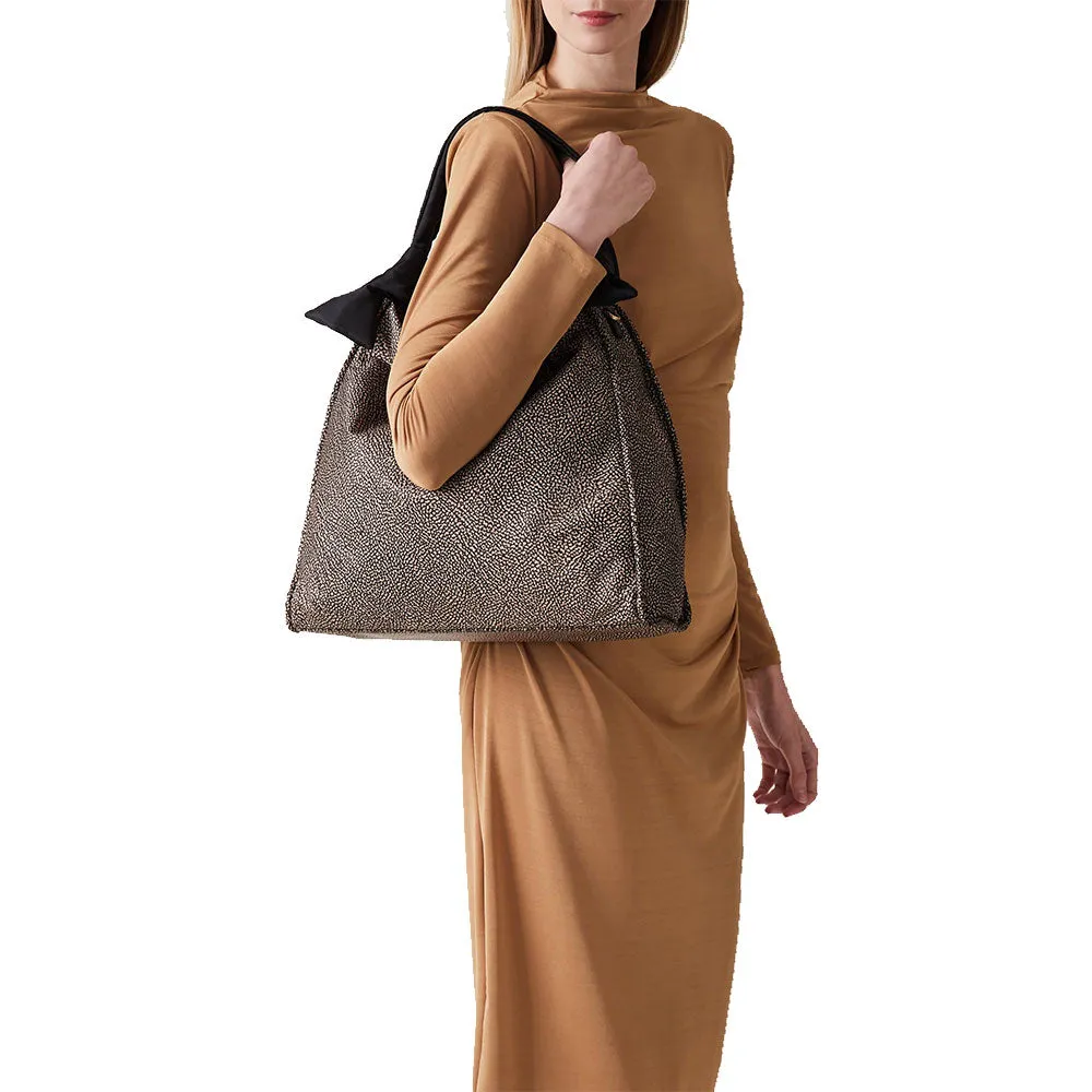 Borsa Donna Hobo Large BORBONESE linea Lover in Tessuto stampa Op Naturale e Nero