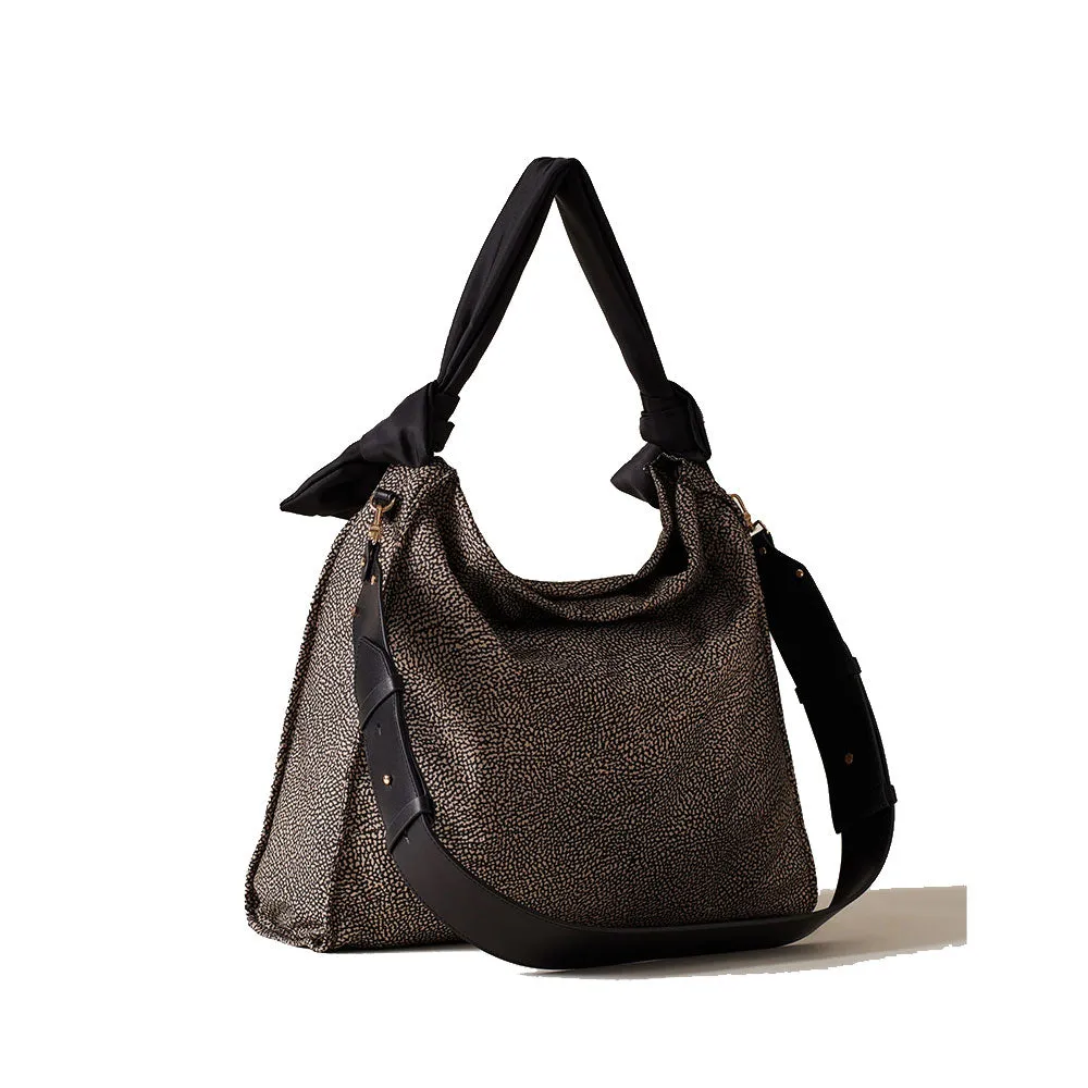 Borsa Donna Hobo Large BORBONESE linea Lover in Tessuto stampa Op Naturale e Nero