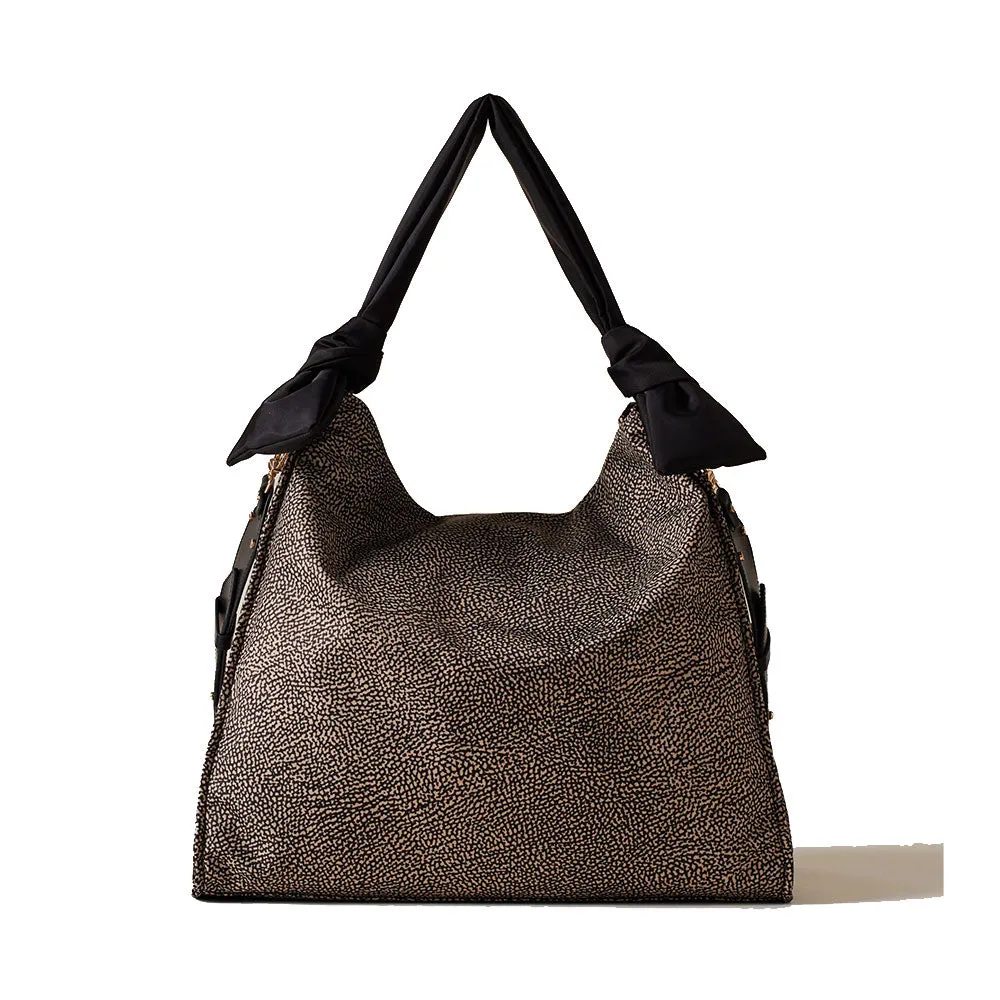 Borsa Donna Hobo Large BORBONESE linea Lover in Tessuto stampa Op Naturale e Nero