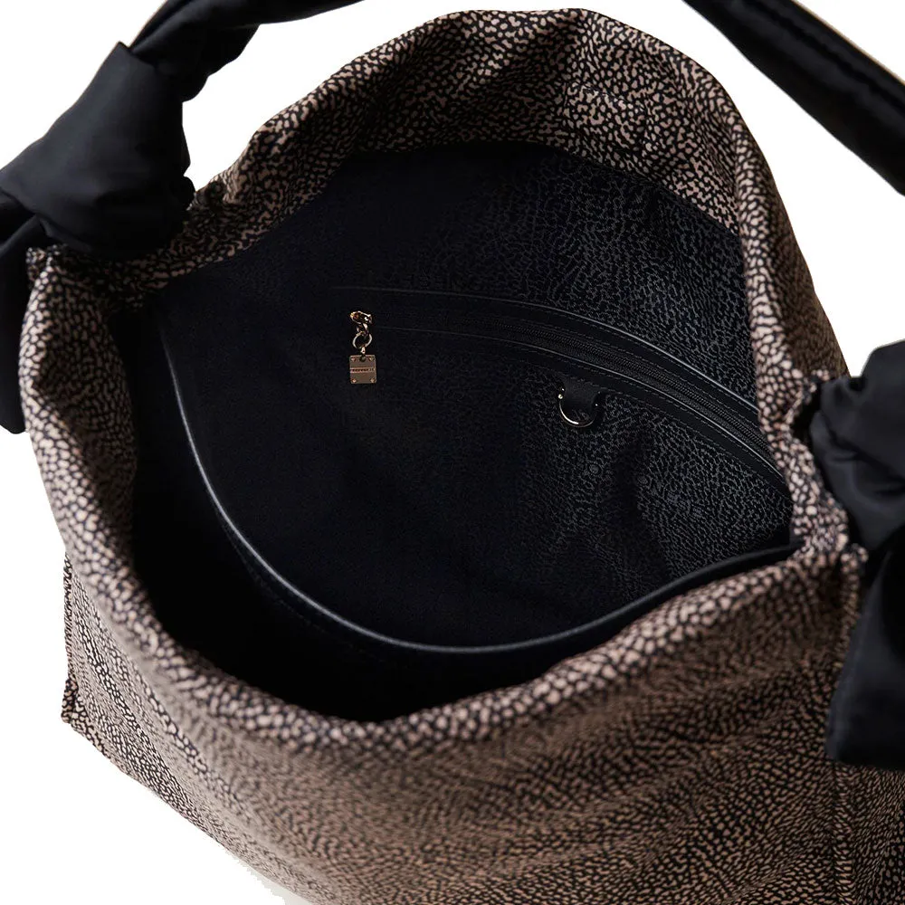 Borsa Donna Hobo Large BORBONESE linea Lover in Tessuto stampa Op Naturale e Nero
