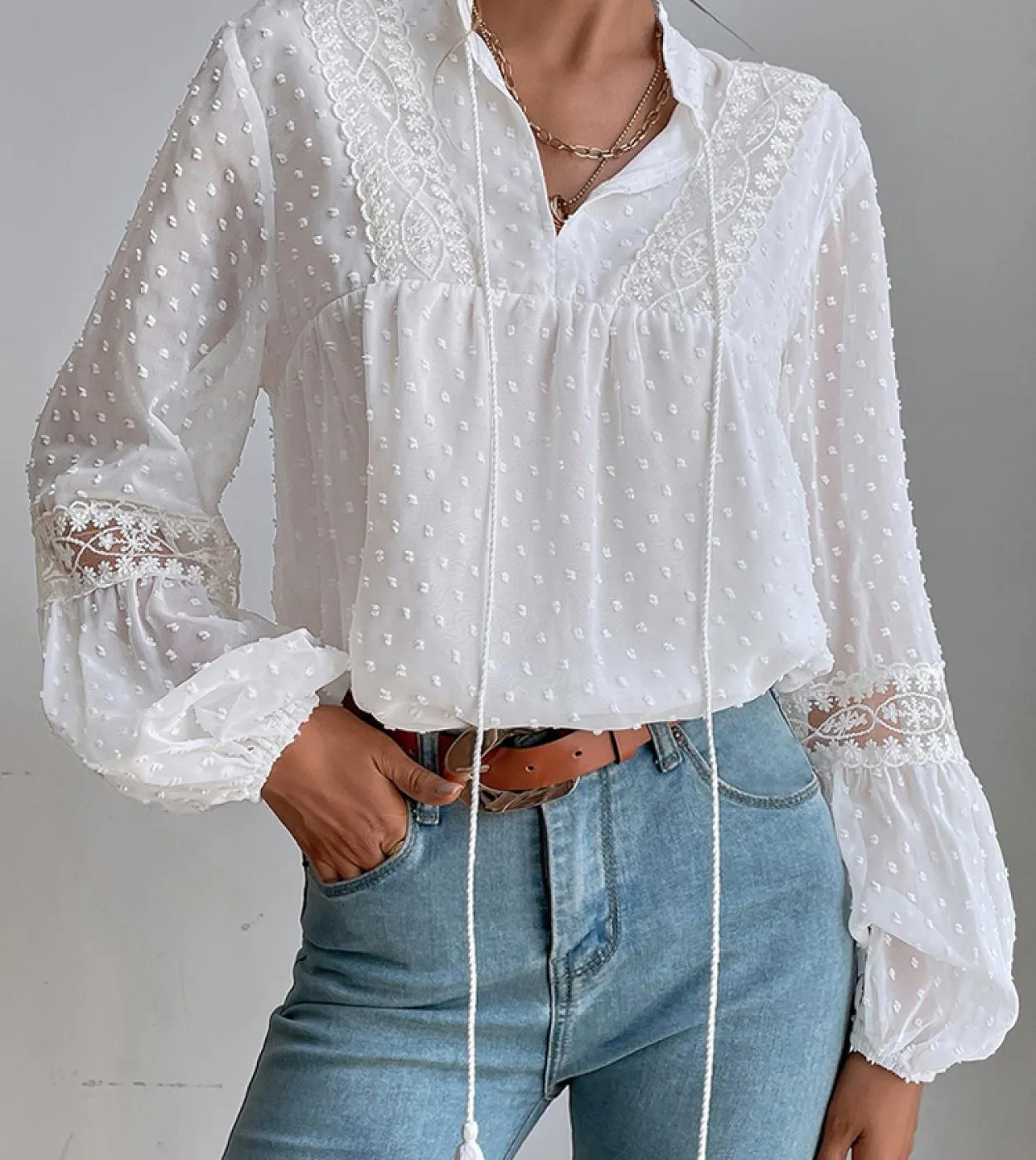 Camicette eleganti in pizzo di chiffon Manica a lanterna Camicetta da donna vintage Camicetta con lacci Camicie da donna Camicie