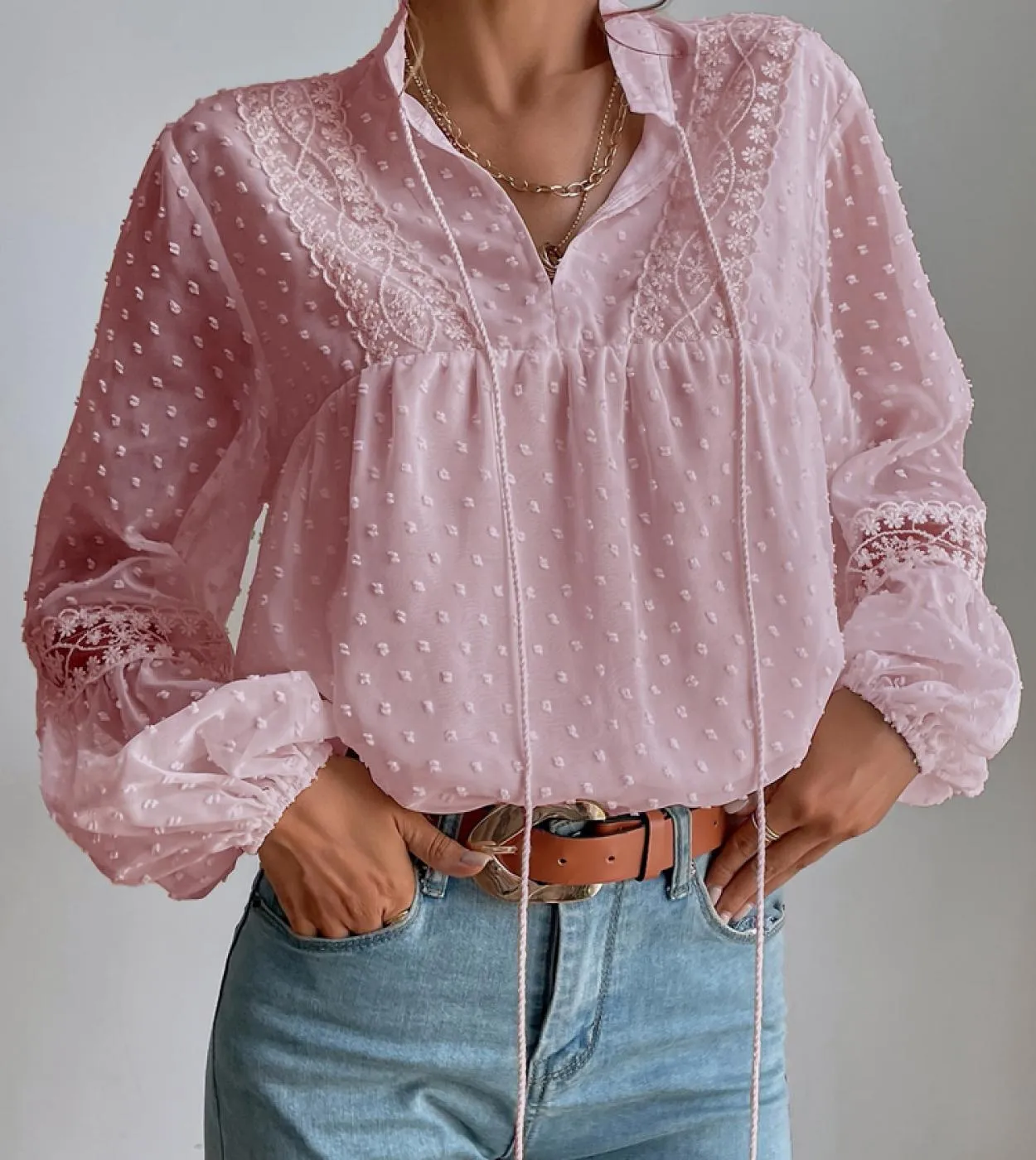 Camicette eleganti in pizzo di chiffon Manica a lanterna Camicetta da donna vintage Camicetta con lacci Camicie da donna Camicie