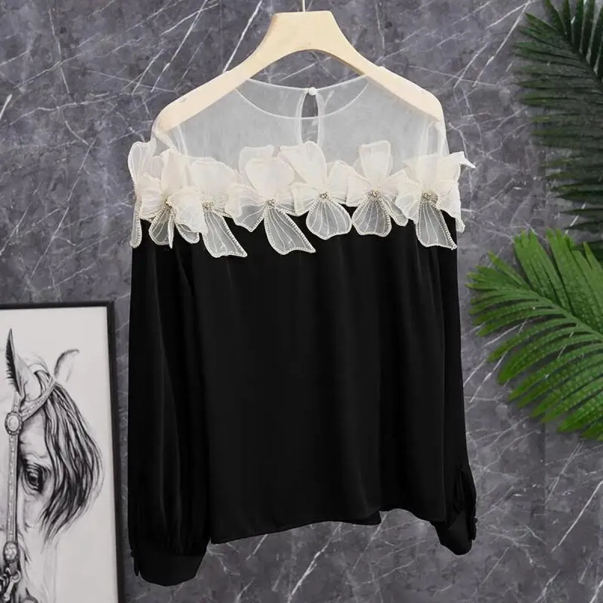 Camicia a maniche lunghe con motivo floreale tridimensionale con cuciture pesanti Top da donna Camisas De Mujer
