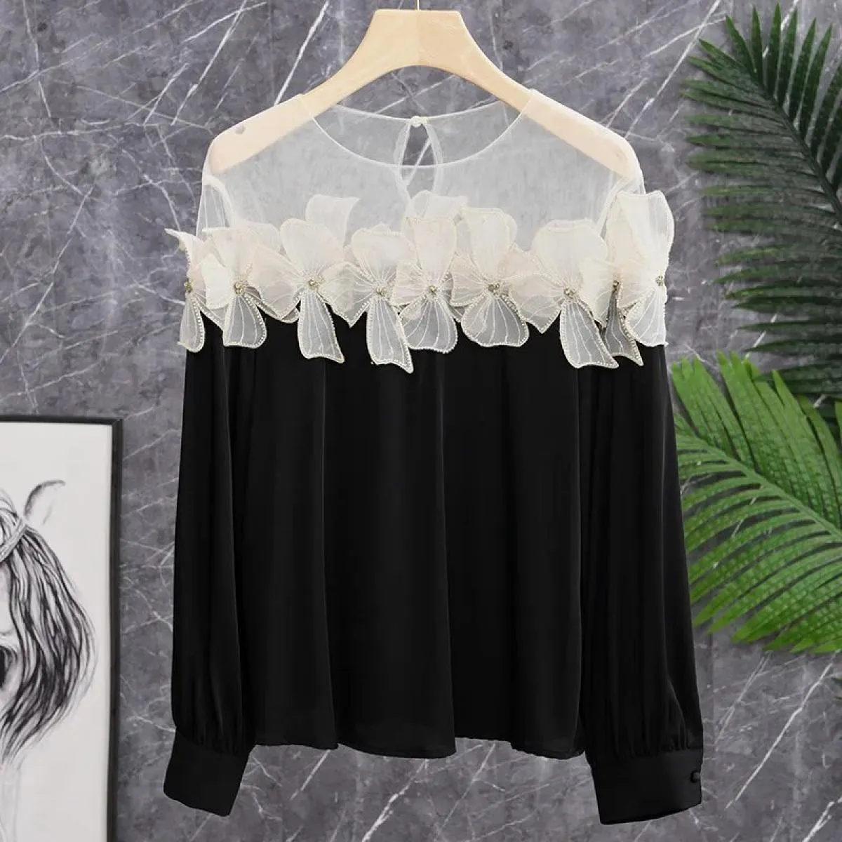 Camicia a maniche lunghe con motivo floreale tridimensionale con cuciture pesanti Top da donna Camisas De Mujer