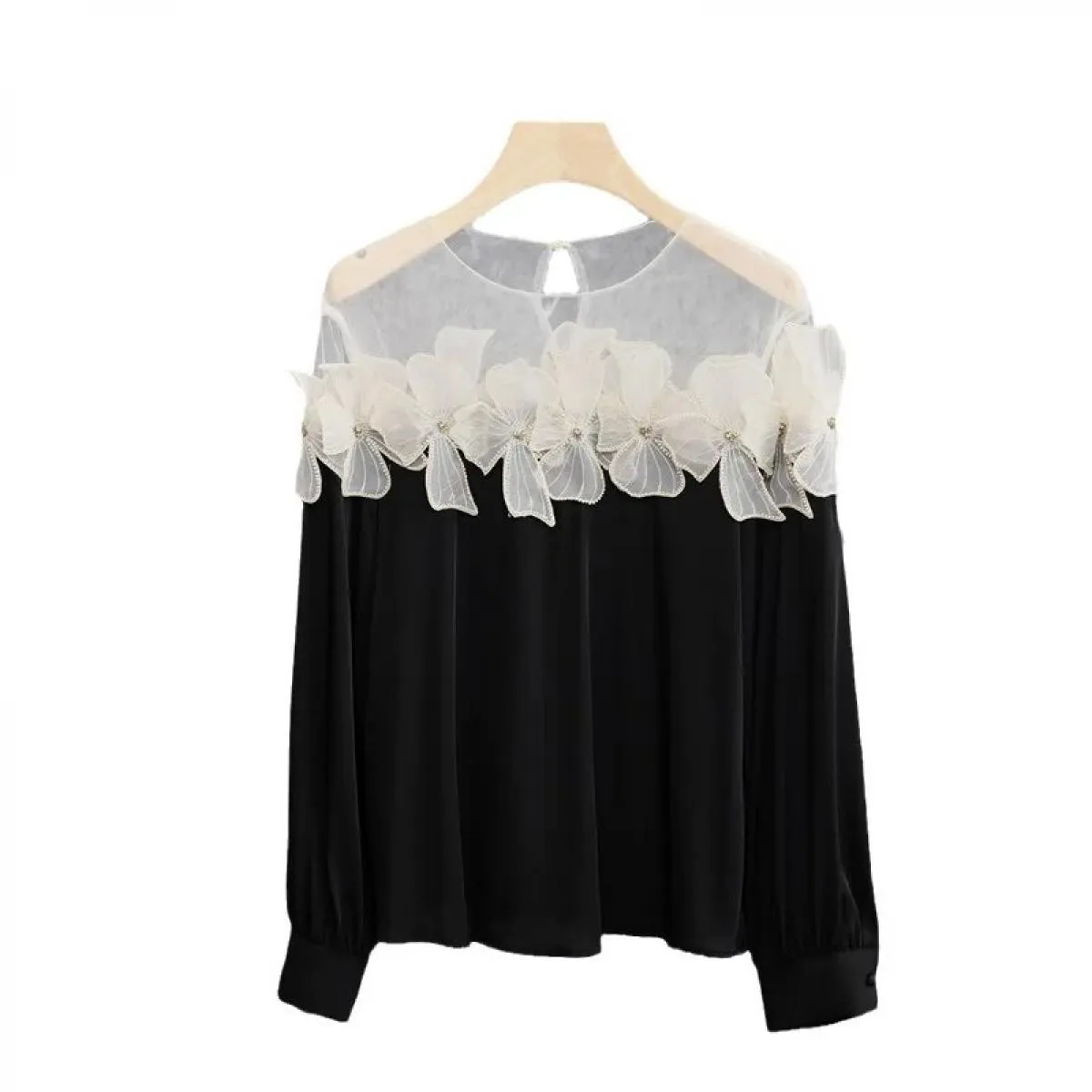 Camicia a maniche lunghe con motivo floreale tridimensionale con cuciture pesanti Top da donna Camisas De Mujer