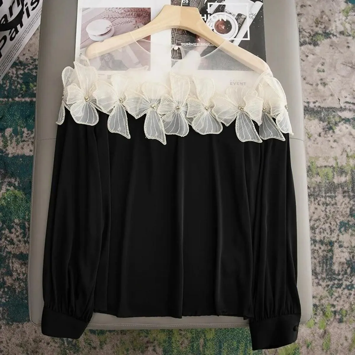 Camicia a maniche lunghe con motivo floreale tridimensionale con cuciture pesanti Top da donna Camisas De Mujer