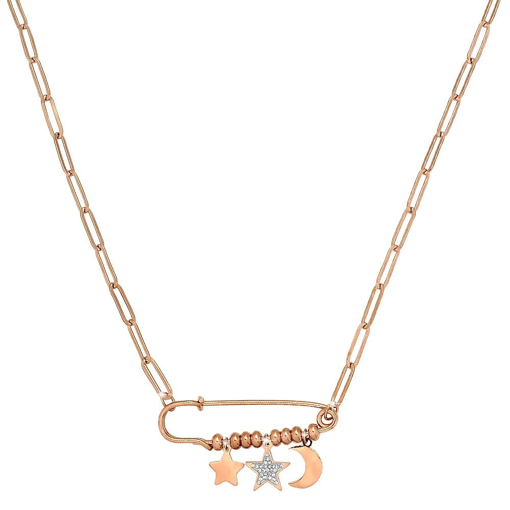 Collana maglia a profilo squadrato in acciaio e spilla - Stelle e Mezzaluna Rose gold