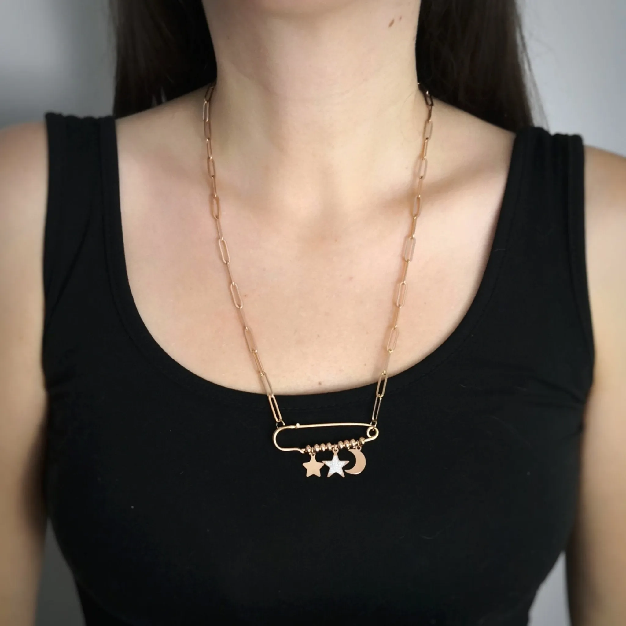 Collana maglia a profilo squadrato in acciaio e spilla - Stelle e Mezzaluna Rose gold