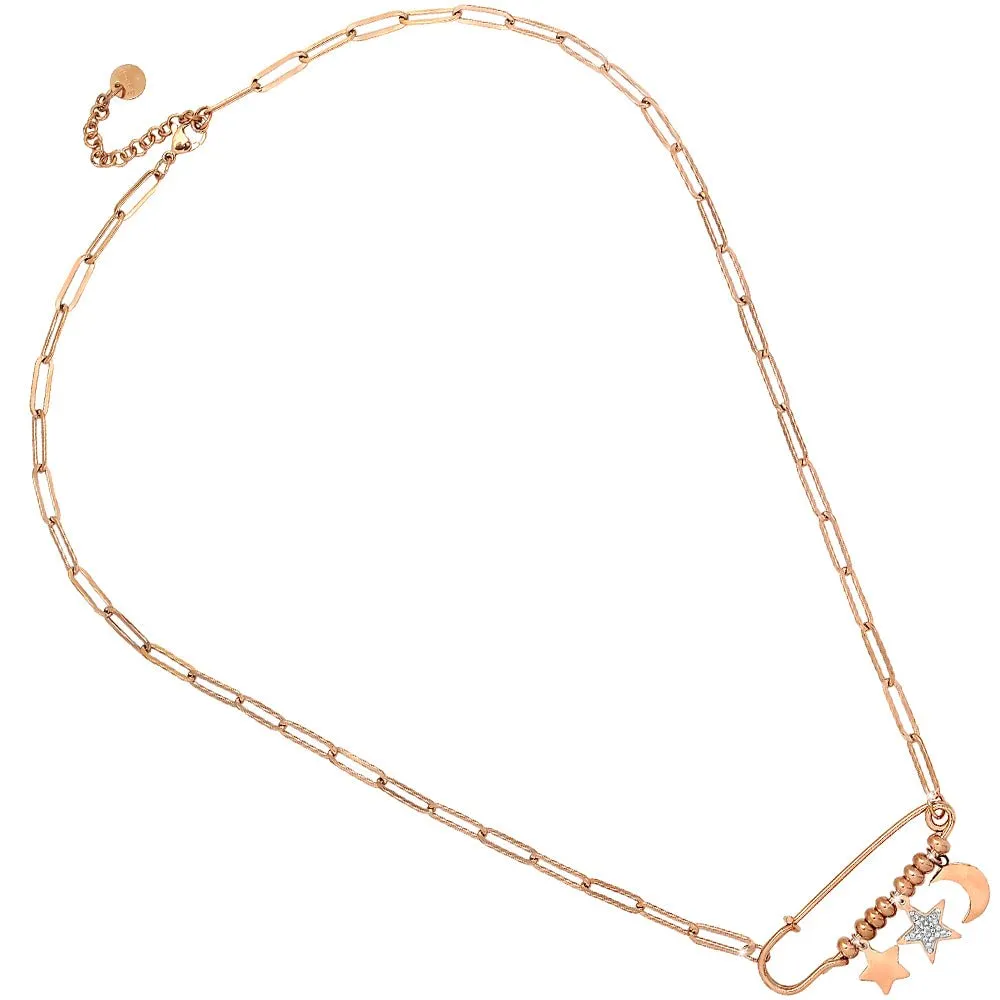 Collana maglia a profilo squadrato in acciaio e spilla - Stelle e Mezzaluna Rose gold