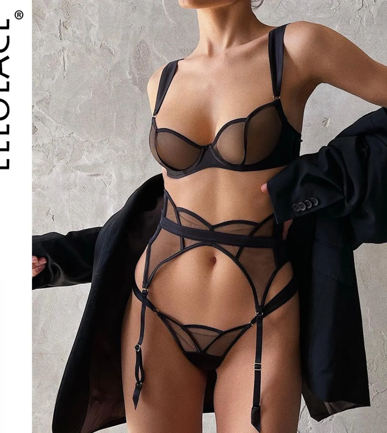 Ellolace  Lingerie Seamless Womens Underwear Transparent Lace Bra Kit Push Up Set Woman 3 Pieces Garters Exotic Sets  B