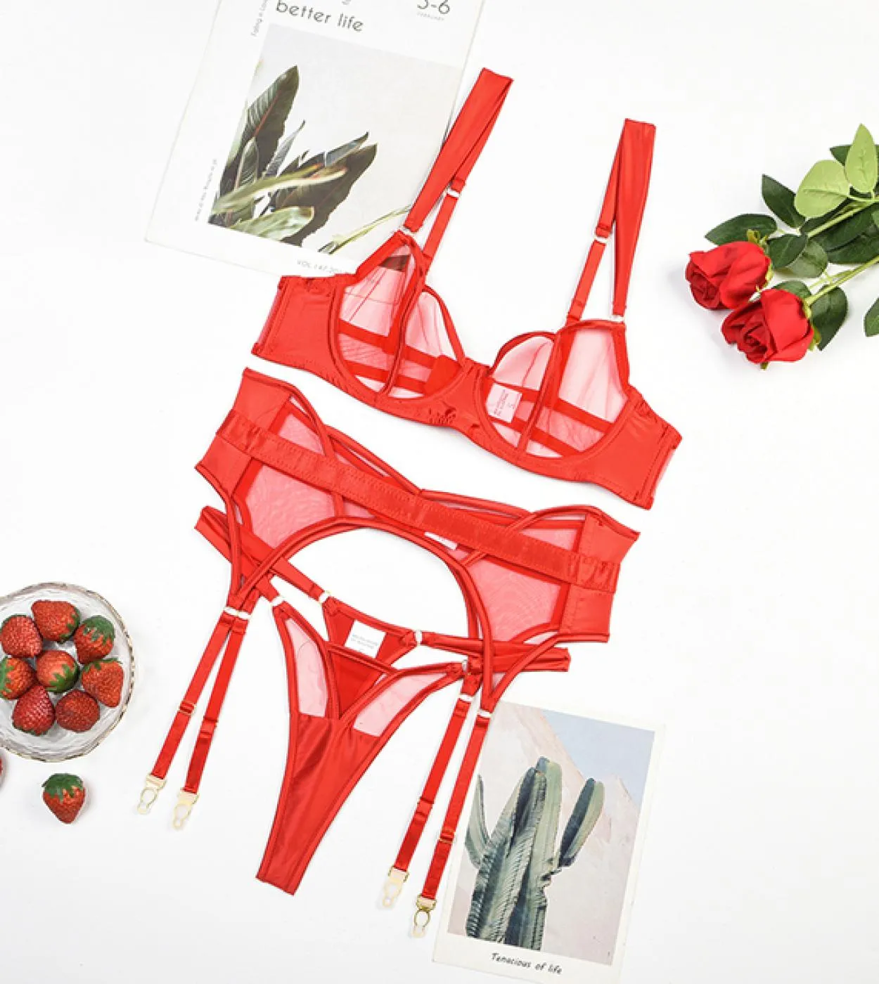 Ellolace  Lingerie Seamless Womens Underwear Transparent Lace Bra Kit Push Up Set Woman 3 Pieces Garters Exotic Sets  B