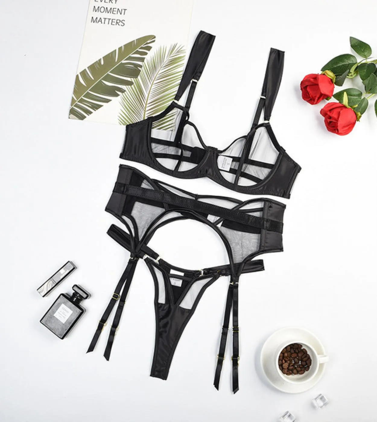 Ellolace  Lingerie Seamless Womens Underwear Transparent Lace Bra Kit Push Up Set Woman 3 Pieces Garters Exotic Sets  B