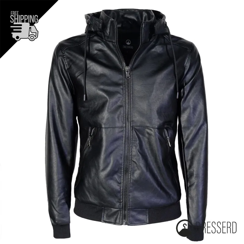 Giubbotto Uomo Simil Pelle Giubbino con Cappuccio smontabile primaverile Dresserd
