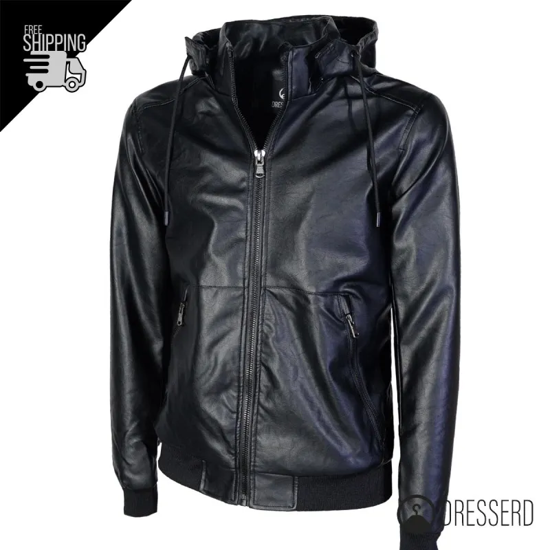 Giubbotto Uomo Simil Pelle Giubbino con Cappuccio smontabile primaverile Dresserd