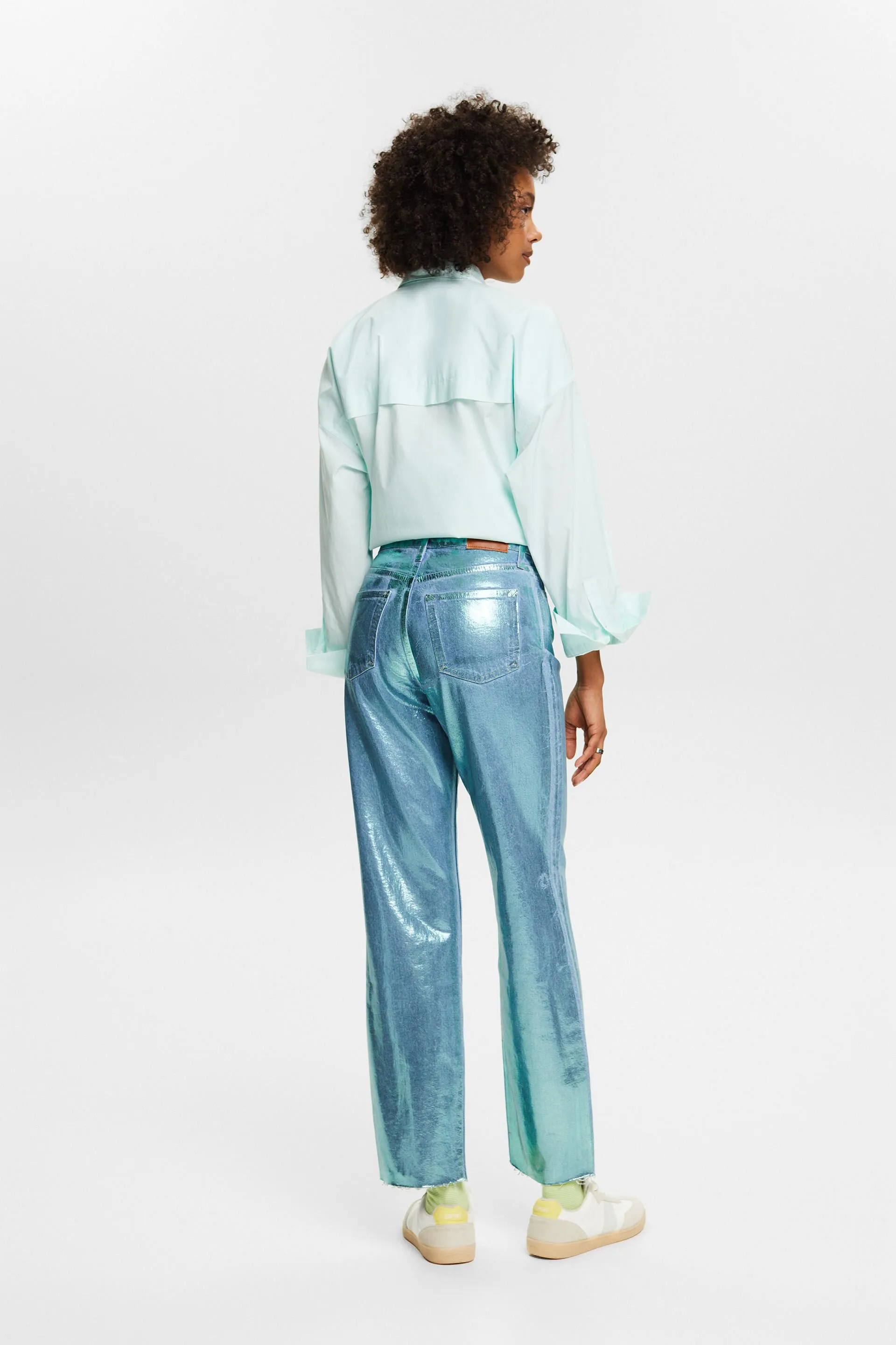 Jeans dritti retrò a vita alta metallizzati