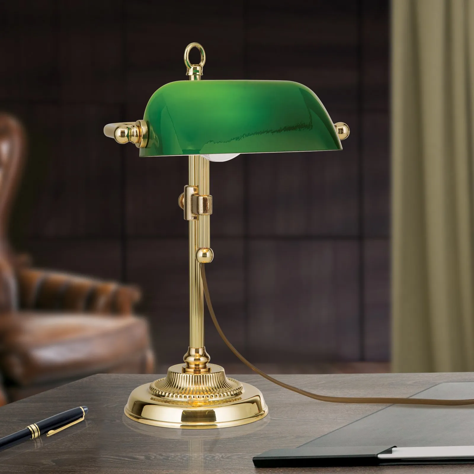 Lampada da banchiere Harvard, ottone/verde, 32 cm