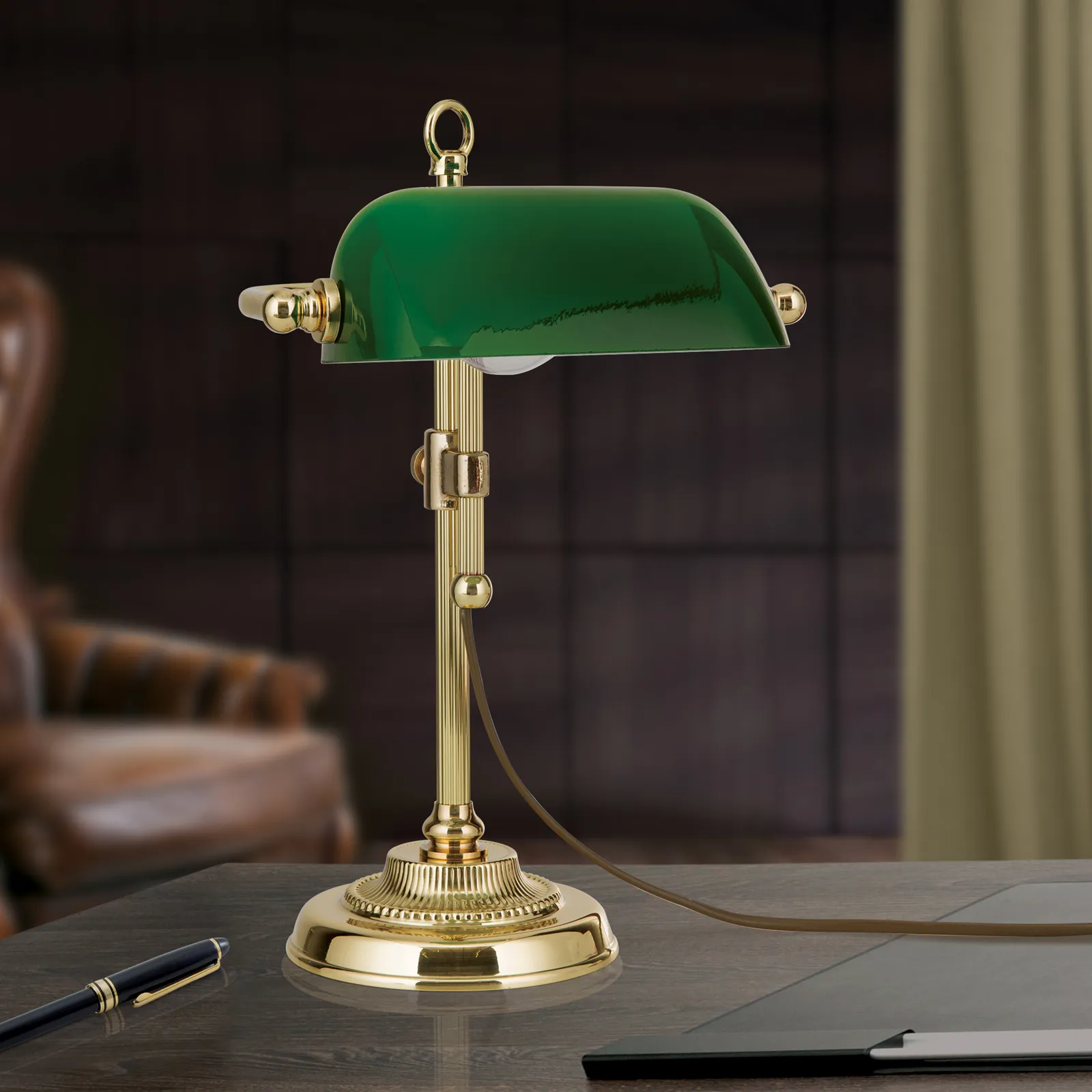 Lampada da banchiere Harvard, ottone/verde, 32 cm