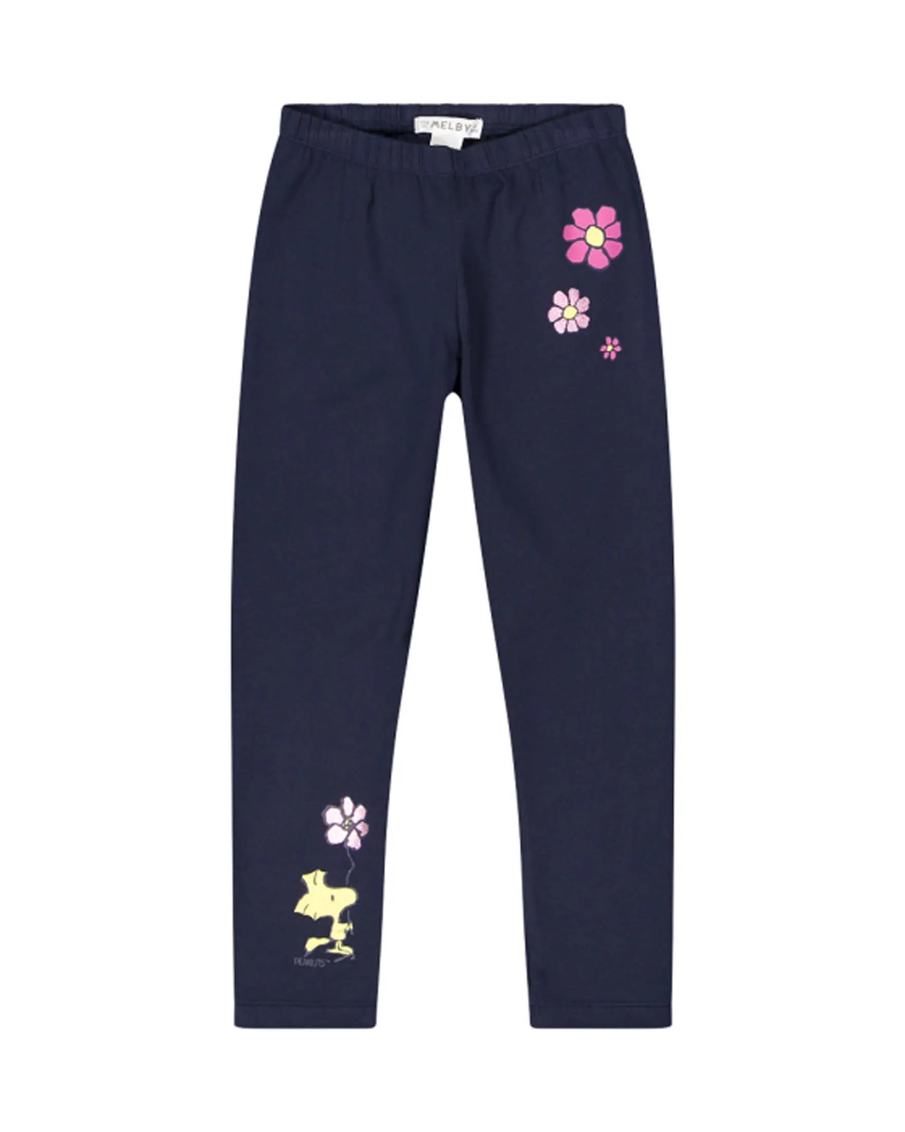 Leggins blu in cotone stretch con stampa Woodstock e margherite 3-7 anni