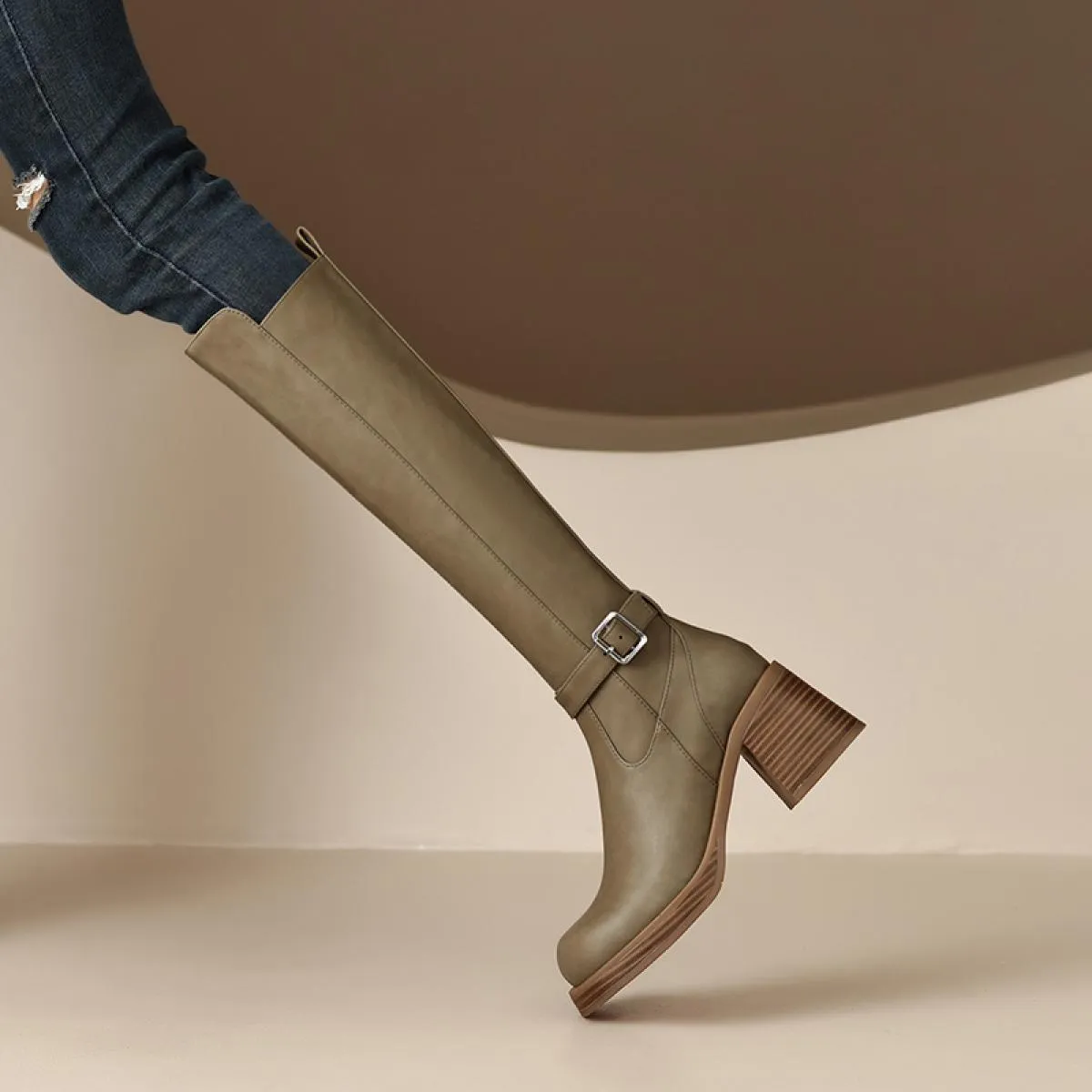 Moda Donna Stivali alti al ginocchio Vera pelle Tacchi alti spessi di alta qualità Scarpe da donna da ufficio Donna Autunno Inve