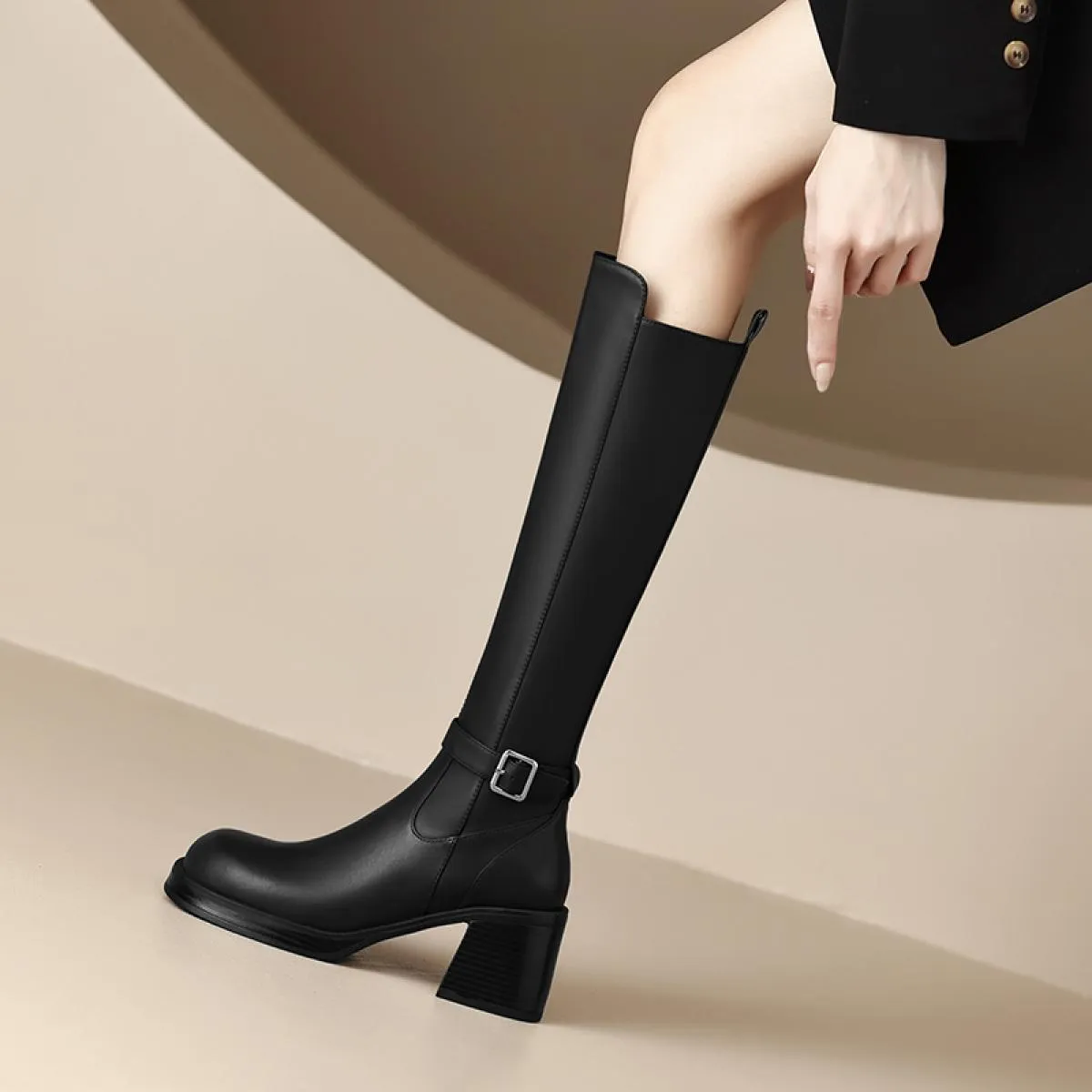 Moda Donna Stivali alti al ginocchio Vera pelle Tacchi alti spessi di alta qualità Scarpe da donna da ufficio Donna Autunno Inve