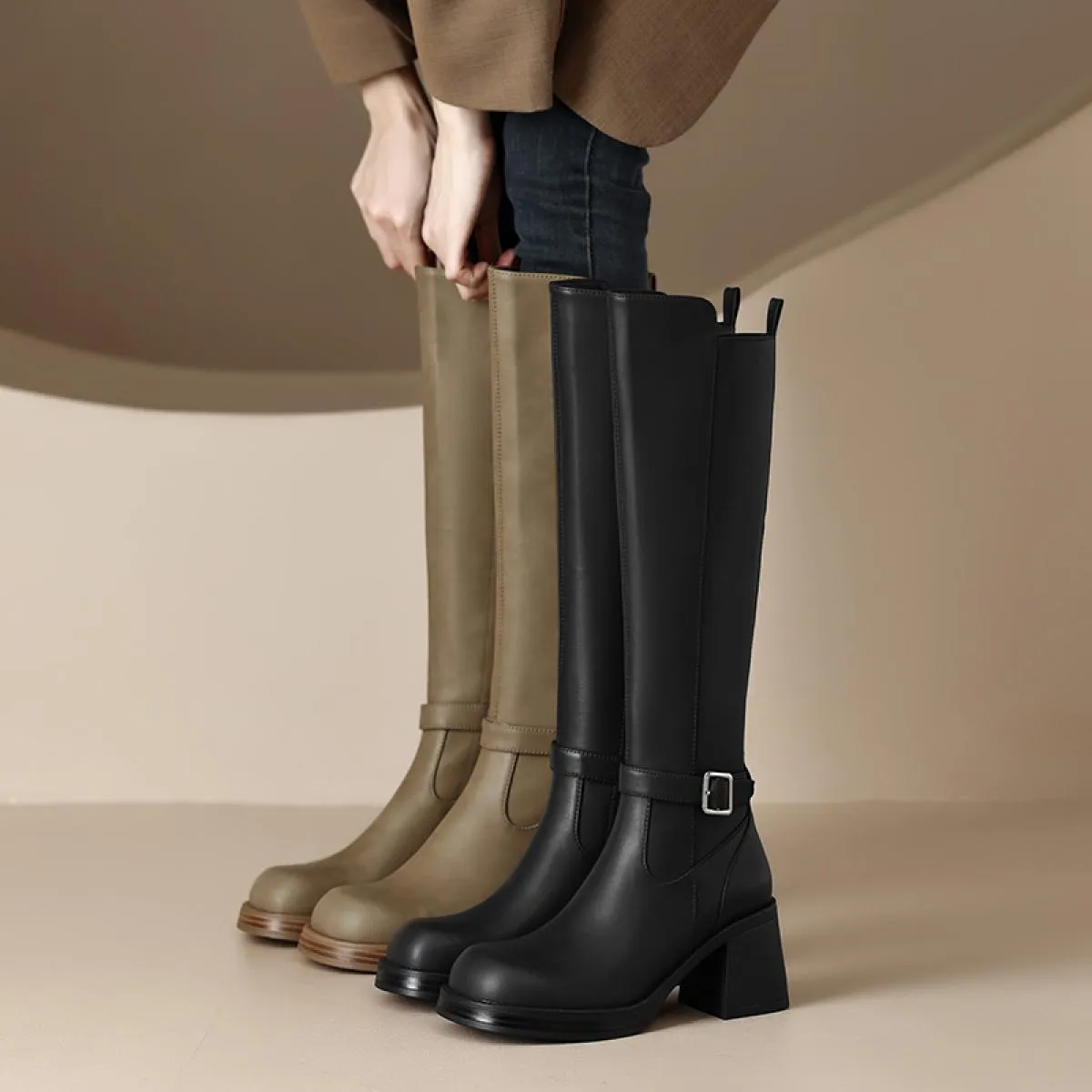 Moda Donna Stivali alti al ginocchio Vera pelle Tacchi alti spessi di alta qualità Scarpe da donna da ufficio Donna Autunno Inve