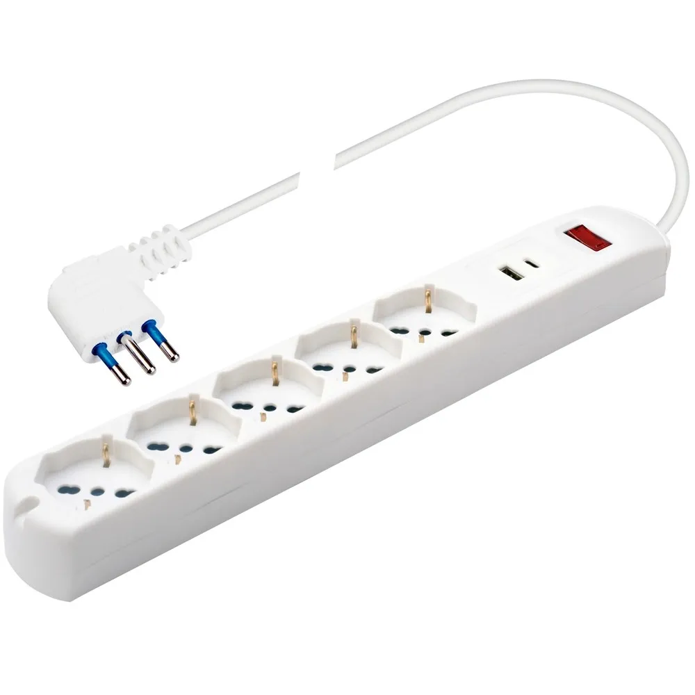Multipresa 5 prese schuko 10/16 A+2 USB A-C spina 10A