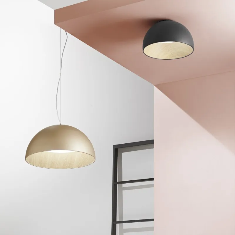 Plafoniera design contemporaneo in metallo forma sferica Effetto Legno Oro29x50 cm