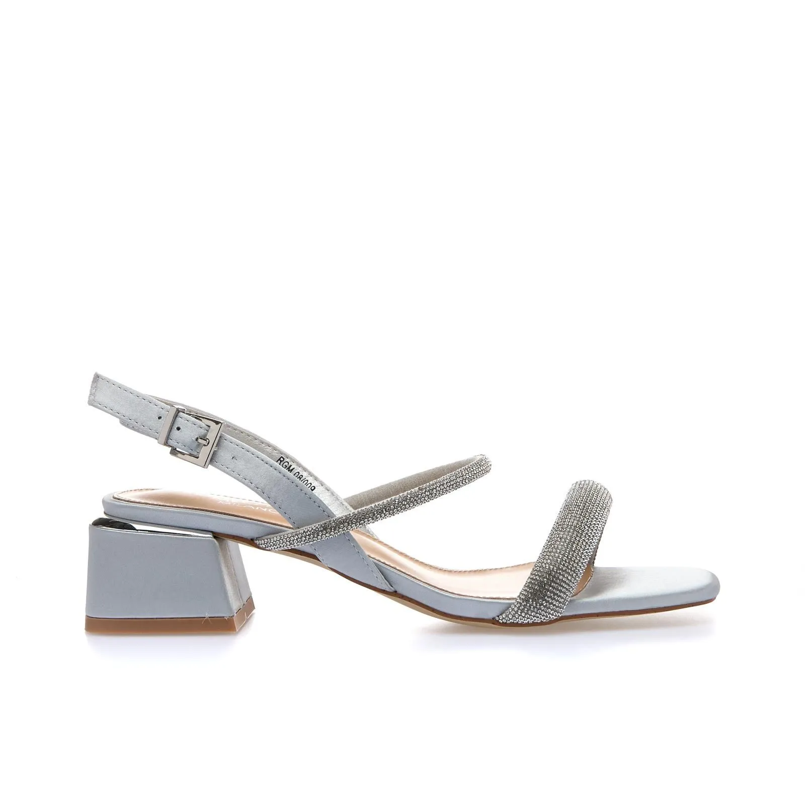 Sandali argento con tacco basso largo e cinturini con strass
