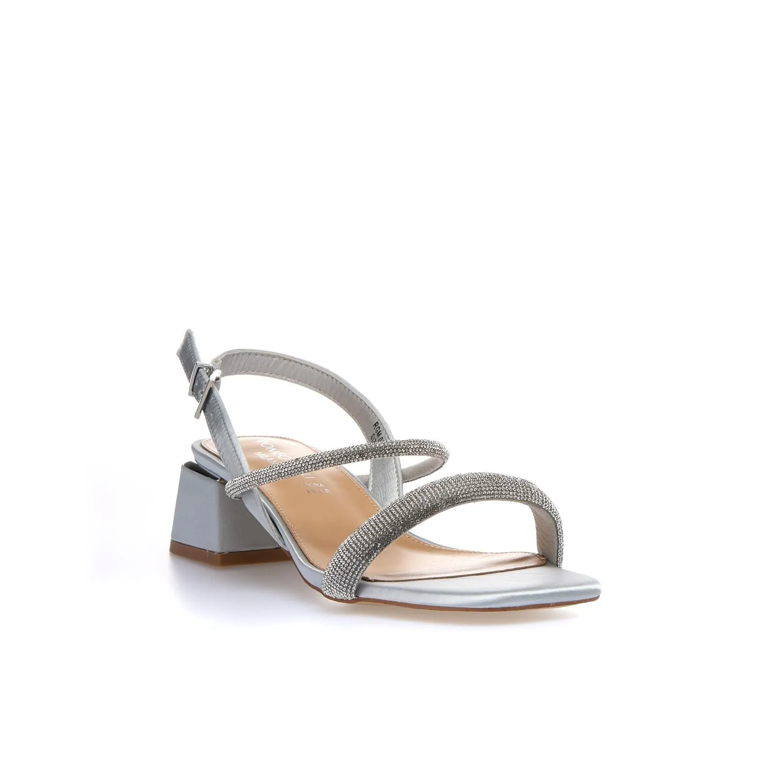Sandali argento con tacco basso largo e cinturini con strass