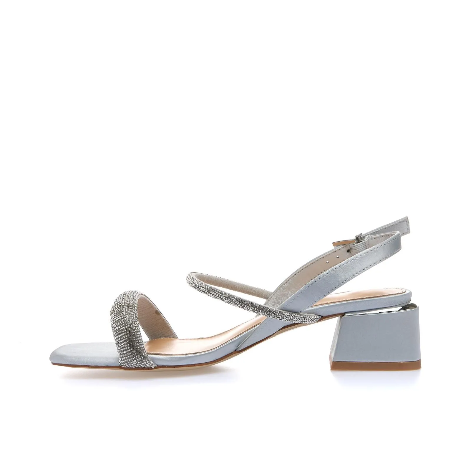 Sandali argento con tacco basso largo e cinturini con strass