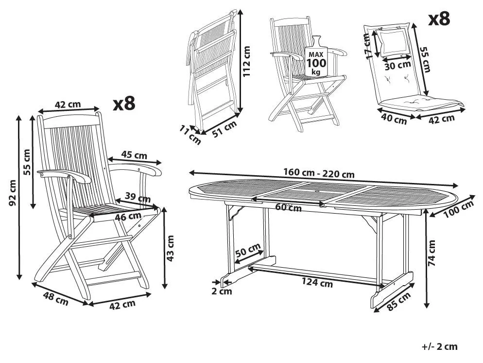 Set da pranzo da giardino 8 posti MAUI II con cuscini Legno d'acacia Blu