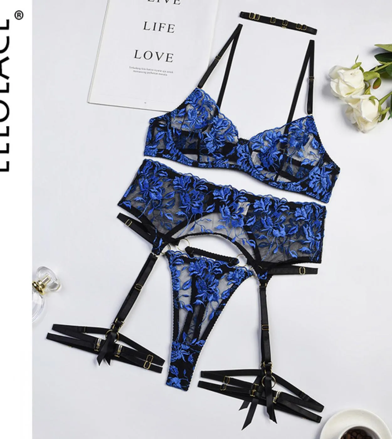 Set di biancheria intima da donna Biancheria intima con ricami floreali Set di reggiseno e slip trasparenti fantasia da donna