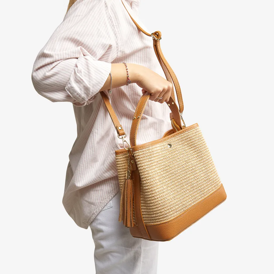 Shopper Rafia e Pelle Cuoio Chiaro