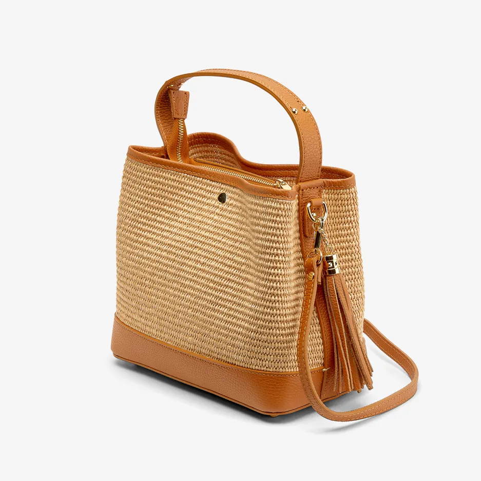 Shopper Rafia e Pelle Cuoio Chiaro