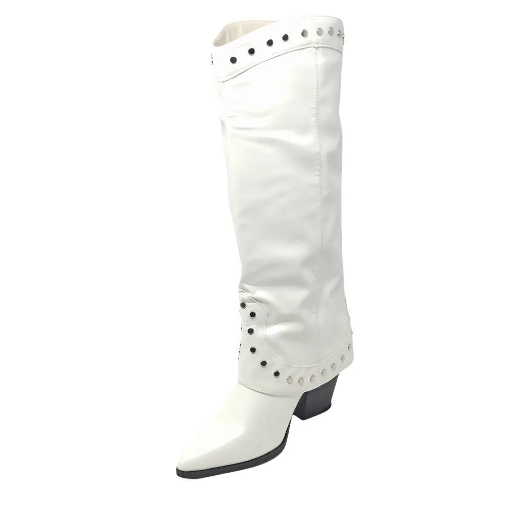 Stivale Texano Con Borchie Donna Ecopelle King Of Hearts Destiny Bianco