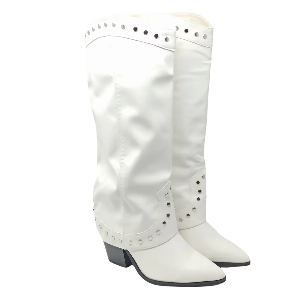 Stivale Texano Con Borchie Donna Ecopelle King Of Hearts Destiny Bianco