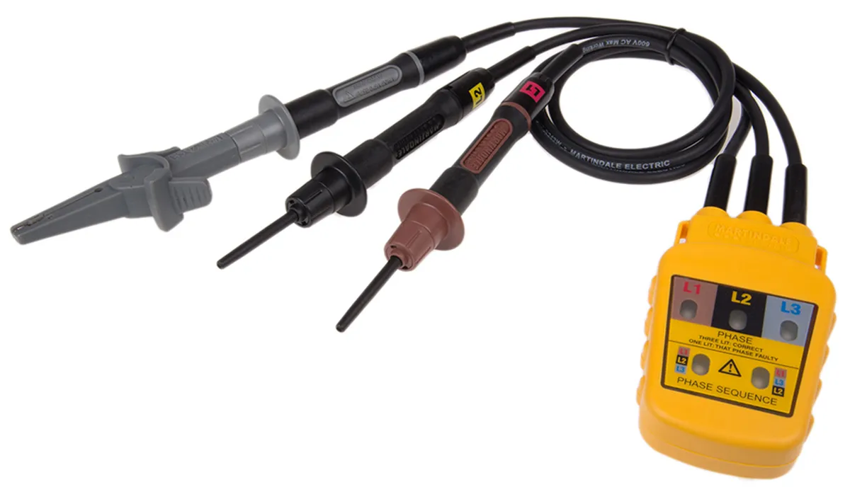 Tester di rotazione di fase Martindale PC 15250, CAT IV 600V, 60Hz max, Cert. ISO